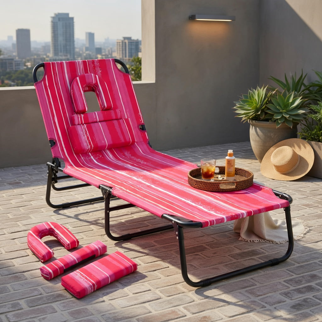Hommoo Foldable Face-Down Tanning Chair with Adjustable Backrest, 3 Removable Zippered Pillows, Pink Stripe