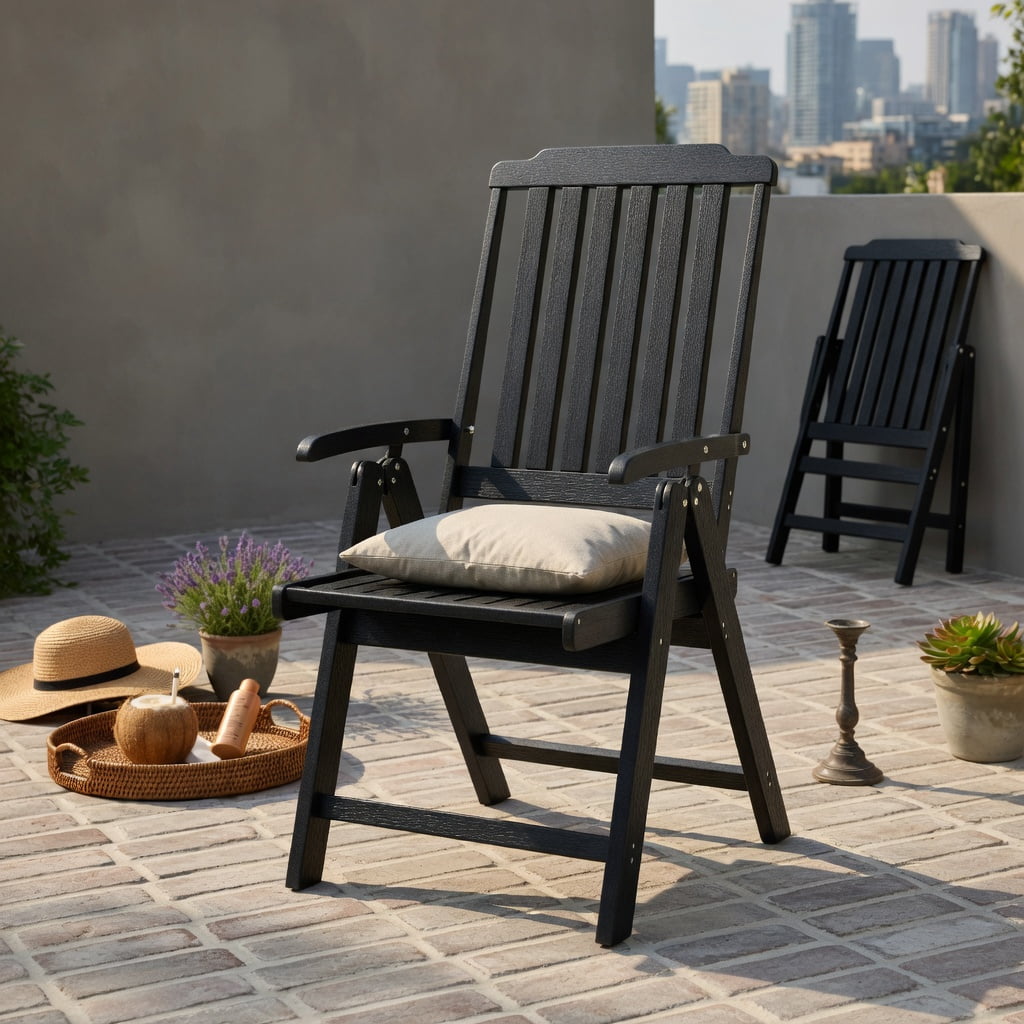 Hommoo Foldable HDPE Outdoor Dining Chair with Armrests, All-Weather, Rustproof, Space-Saving Patio Chair for Backyard, Balcony & Indoor Use, Black