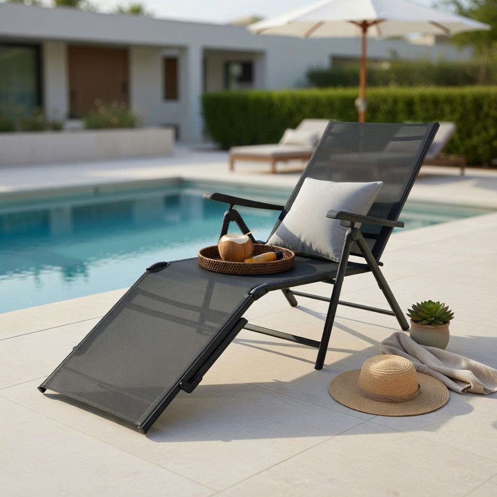 Hommoo Foldable Outdoor Chaise Lounge Chair with Adjustable Backrest & Footrest, Steel Frame, Breathable Fabric, Perfect for Patio, Poolside & Garden, Black