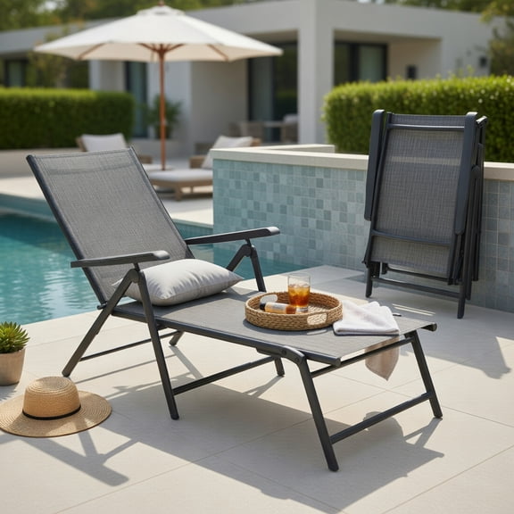 Hommoo Foldable Outdoor Chaise Lounge Chair with Adjustable Backrest & Footrest, Steel Frame, Breathable Fabric, for Patio, Poolside & Garden, Gray