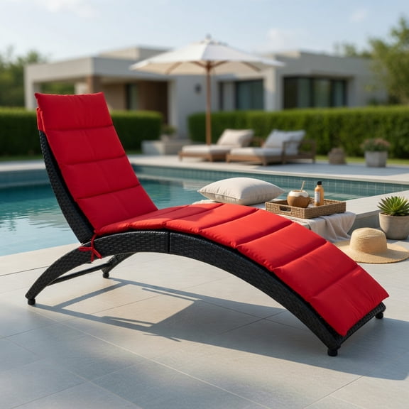 Hommoo Foldable Outdoor Rattan Lounge Chair with Thick Cushion, PE Wicker Chaise for Patio, Poolside & Garden, Red