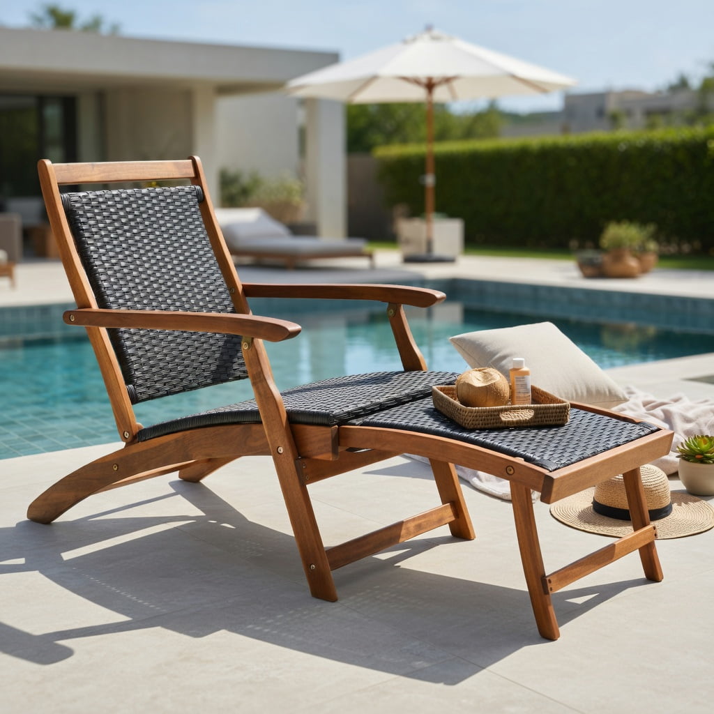 Hommoo Foldable Rattan Lounge Chair with Acacia Wood Frame, Retractable Footrest, Rustic Patio & Backyard Seating for Poolside, Garden, Deck, Brown
