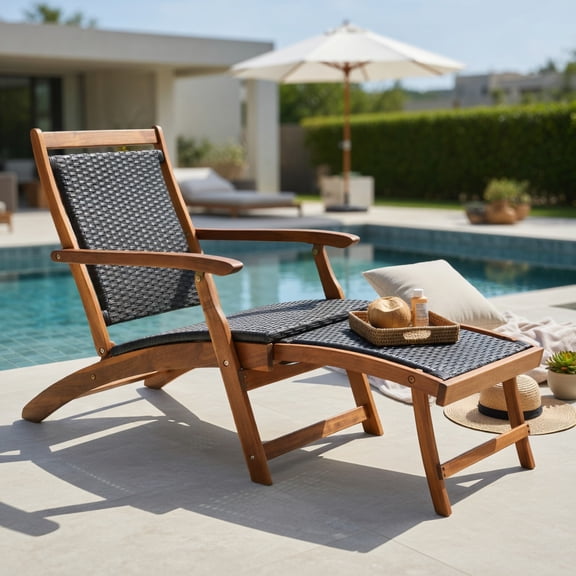 Hommoo Foldable Rattan Lounge Chair with Acacia Wood Frame, Retractable Footrest, Rustic Patio & Backyard Seating for Poolside, Garden, Deck, Brown