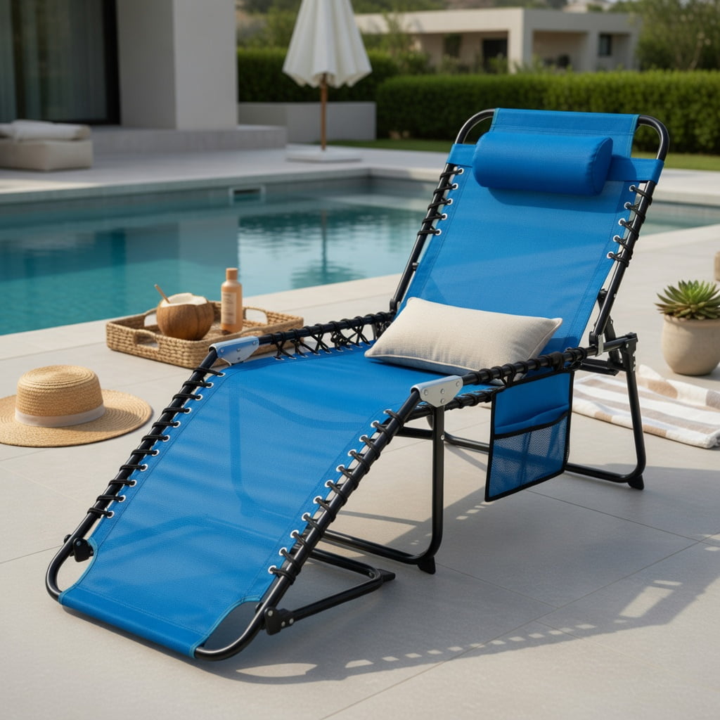 Hommoo Foldable Reclining Lounge Chair with Adjustable Backrest & Footrest, Portable Beach & Camping Chair, Navy