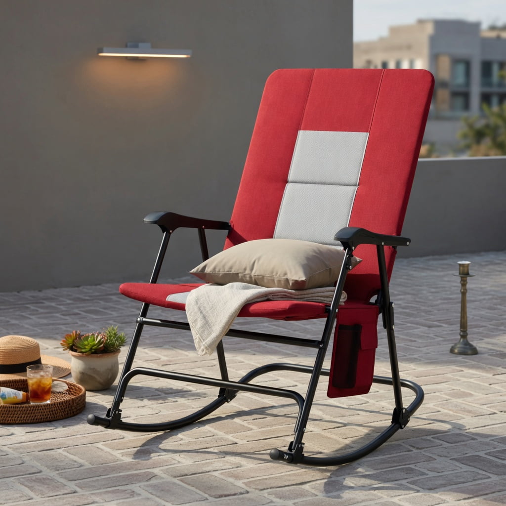 Hommoo Foldable Rocking Camping Chair with Padded Backrest, Armrests & Cup Holder, Outdoor Patio Lawn Chair, Red