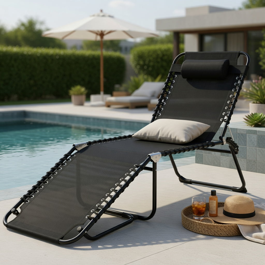 Hommoo Foldable Steel Beach Lounge Chair with Adjustable Backrest & Comfort Pillow, Heavy-Duty Outdoor Chaise for Patio, Lawn, Poolside, Black