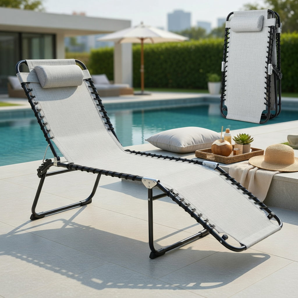 Hommoo Foldable Steel Beach Lounge Chair with Adjustable Backrest & Comfort Pillow, Weather-Resistant Patio Chaise for Outdoor and Indoor Use, Gray