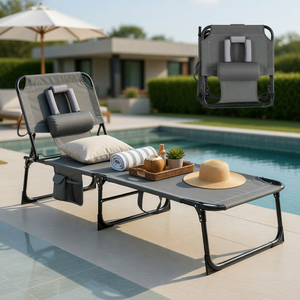 Hommoo Foldable Tanning Chair with Face & Arm Holes, Adjustable Backrest, Portable Beach Lounge Chair for Pool, Patio, and Travel, Gray