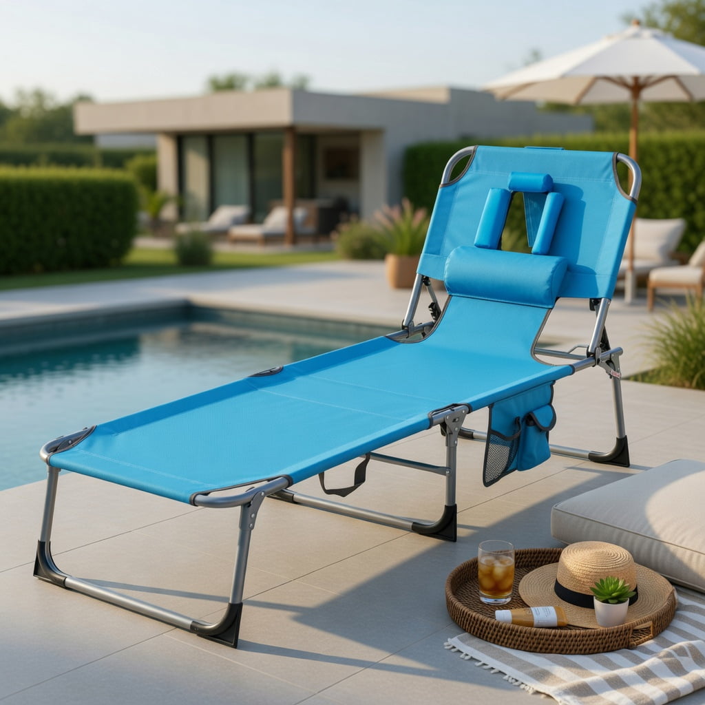 Hommoo Foldable Tanning Chair with Face & Arm Holes, Adjustable Reclining Sun Lounger for Beach, Pool, Patio, Navy