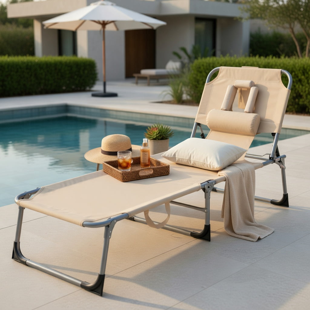 Hommoo Foldable Tanning Chair with Face & Arm Holes, Lightweight Portable Beach Chair for Pool, Patio, and Outdoor Use, Beige