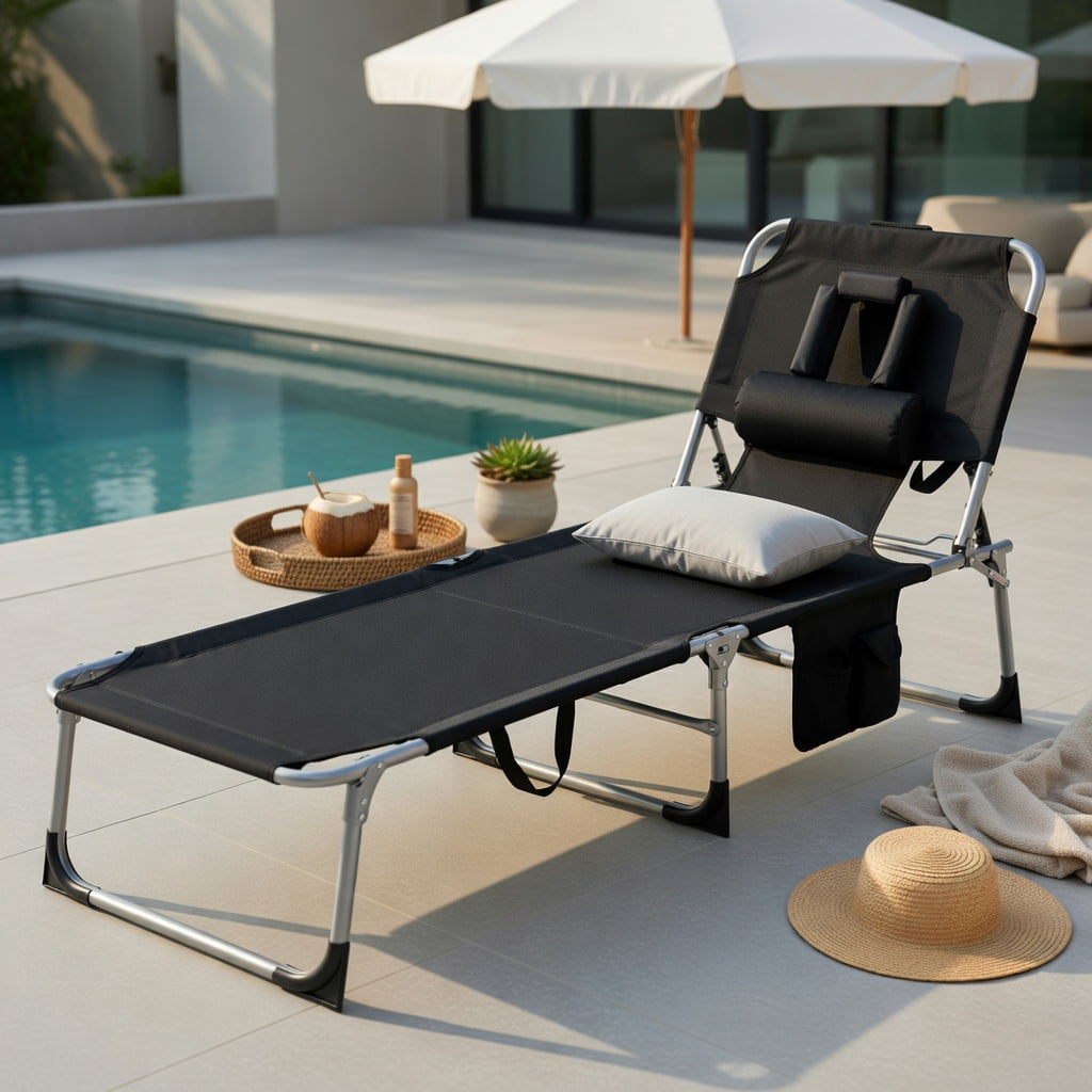 Hommoo Foldable Tanning Chair with Face & Arm Holes, Lightweight Portable Beach Chair for Pool, Patio, and Outdoor Use, Black