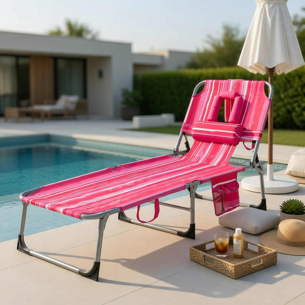 Hommoo Foldable Tanning Chair with Face & Arm Holes, Lightweight Portable Beach Chair for Pool, Patio, and Outdoor Use, Pink Stripe