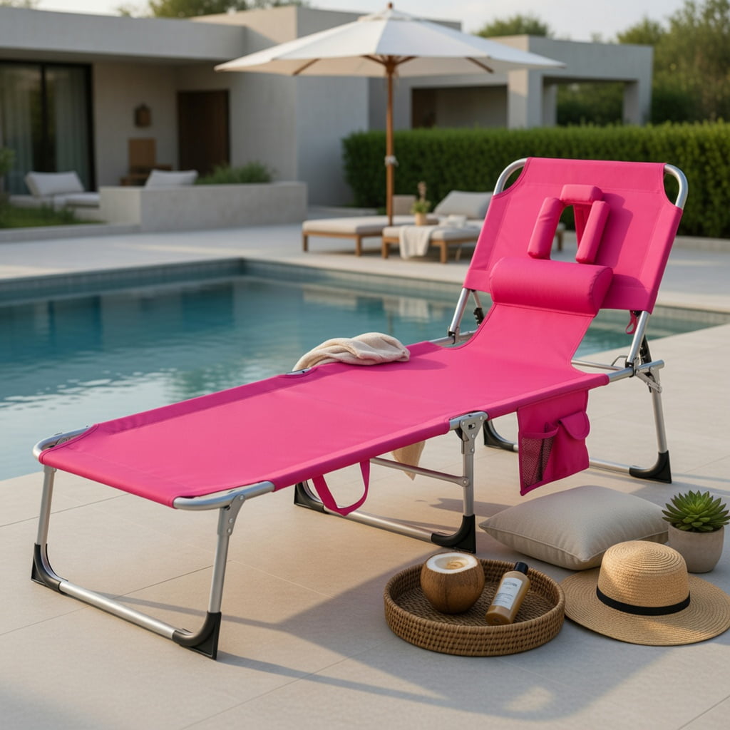 Hommoo Foldable Tanning Chair with Face & Arm Holes, Lightweight Portable Sun Lounger for Beach, Pool, Patio, Pink