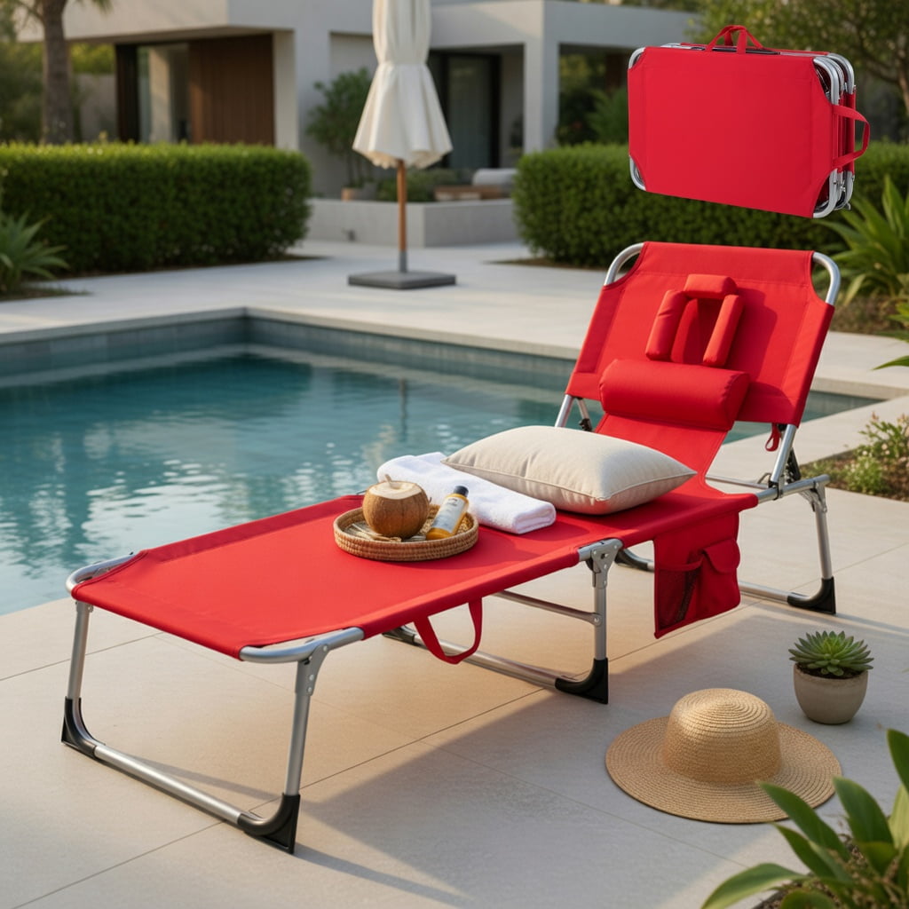 Hommoo Foldable Tanning Chair with Face & Arm Holes, Lightweight Portable Sun Lounger for Beach, Pool, Patio, Red