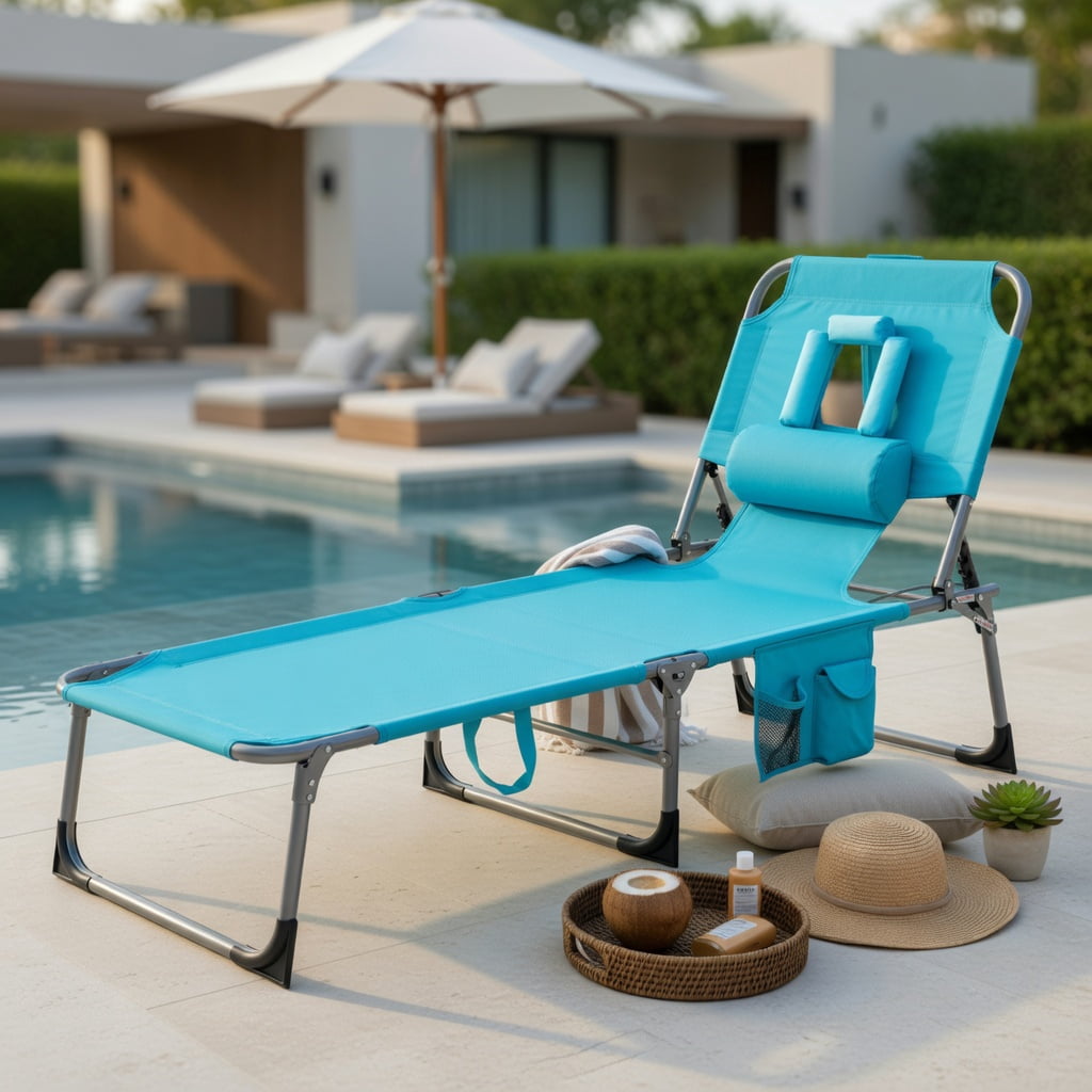 Hommoo Foldable Tanning Chair with Face & Arm Holes, Oxford Fabric Sun Lounger for Beach, Pool, Patio, Turquoise