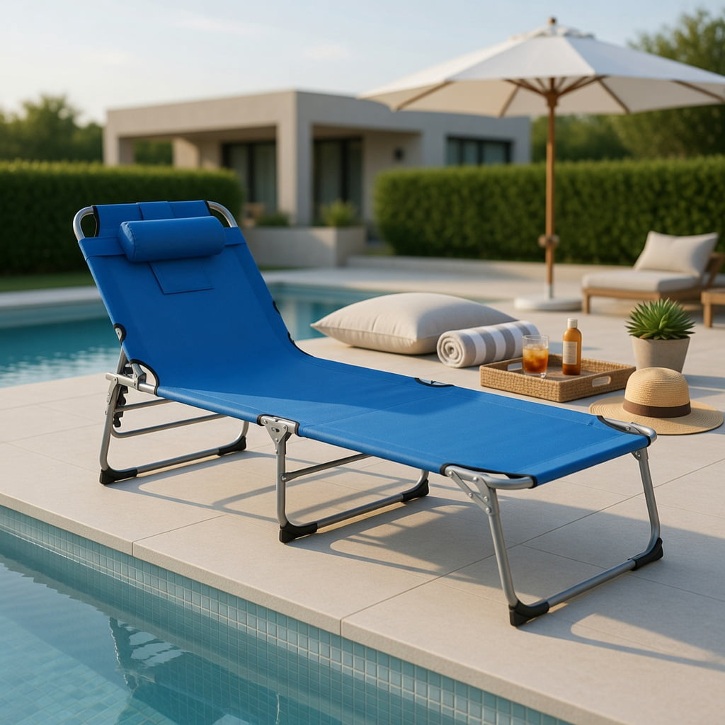 Hommoo Folding Chaise Lounge Chair with Face Hole, Adjustable Beach Lounger for Sunbathing, Camping, Fishing & Outdoor Napping, Blue