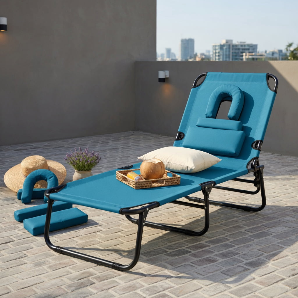 Hommoo Folding Face-Down Tanning Chair with Adjustable Backrest, 3 Removable Pillows & Face Hole, Blue