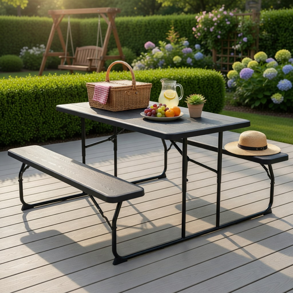 Hommoo Folding Outdoor Picnic Table & Bench Set, Steel Frame with Wood-Look HDPE Top, Heavy-Duty Folding Patio Table for Backyard, Camping, and Tailgating, Black