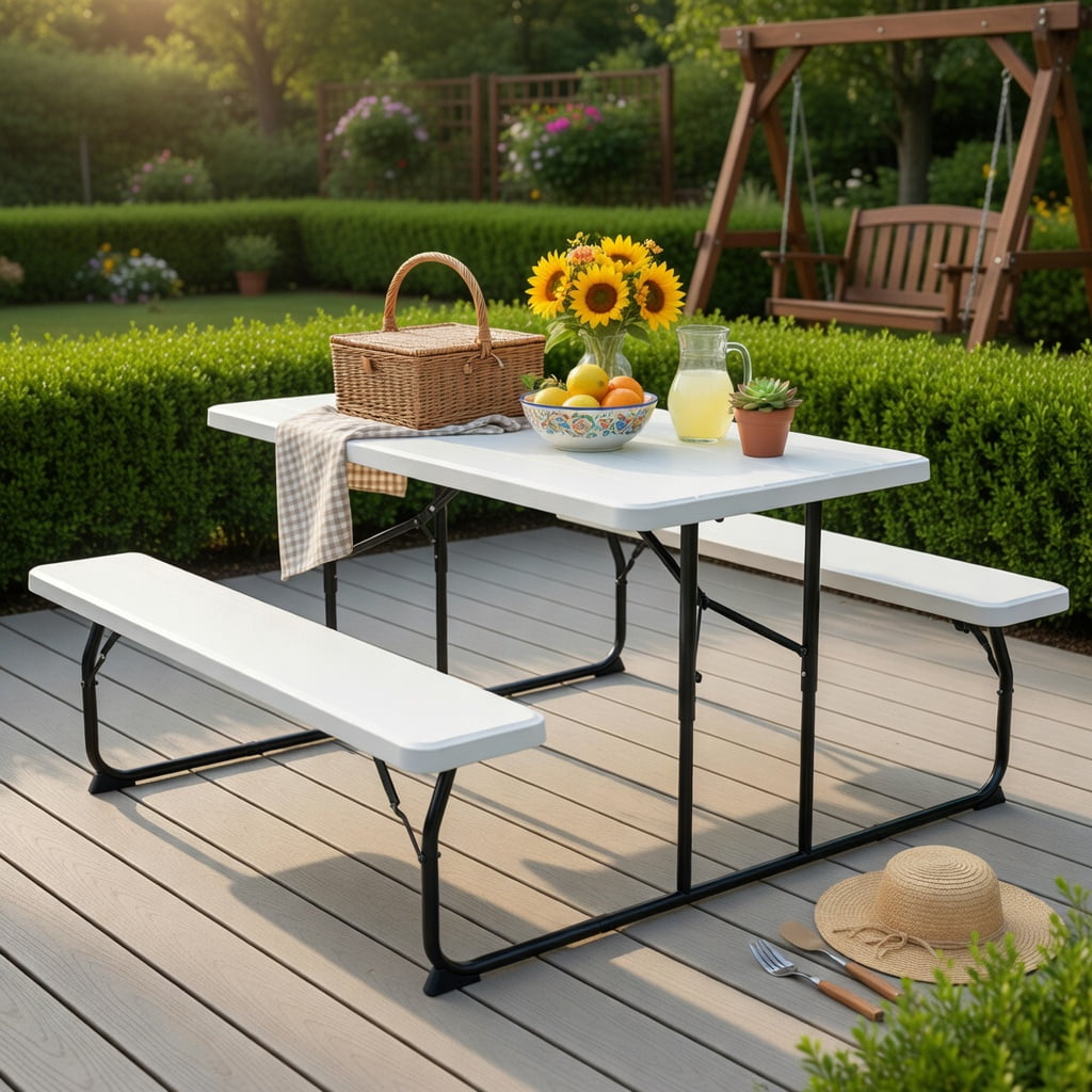 Hommoo Folding Outdoor Picnic Table & Bench Set, Wood-Grain HDPE Top, Steel Frame, Heavy-Duty Folding Patio Table for Backyard, Camping, Tailgating, White