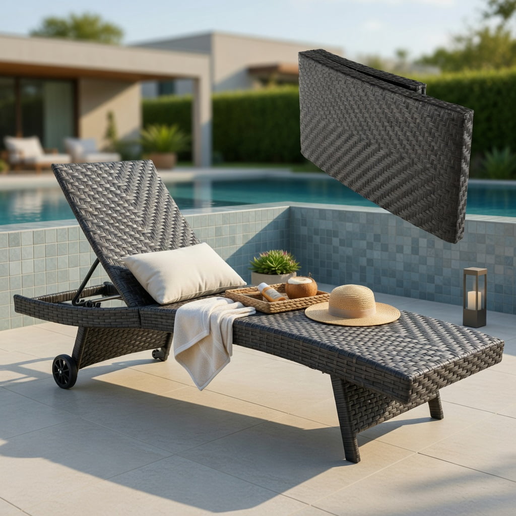 Hommoo Folding Padded PE Rattan Chaise Lounge with Adjustable Backrest, Quick-Dry Foam Cushion & All-Weather Metal Frame, Black