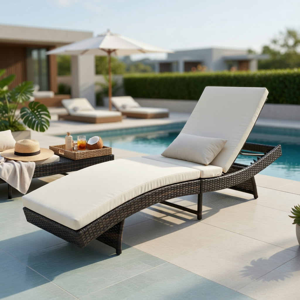 Hommoo Folding Patio Chaise Lounge Chair with 5-Position Adjustable Backrest, Thick Washable Cushion, PE Rattan Design, White