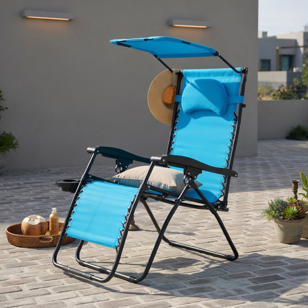 Hommoo Folding Recliner Lounge Chair with Adjustable Sun Shade Canopy, Removable Cup Holder & Headrest, Steel Frame, Turquoise
