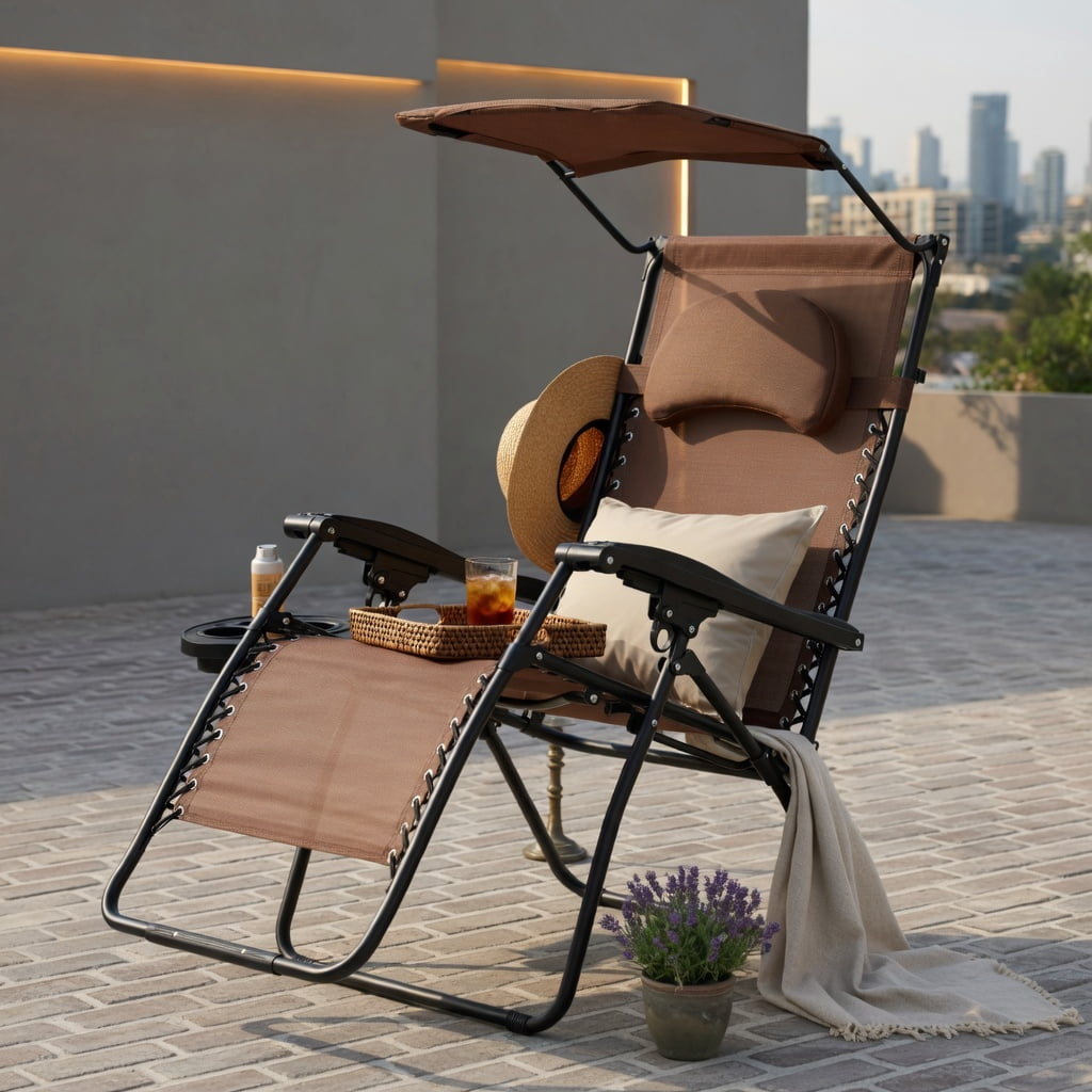 Hommoo Folding Recliner Lounge Chair with Adjustable UV-Protective Shade Canopy, Removable Headrest & Cup Holder, Steel Frame, Brown