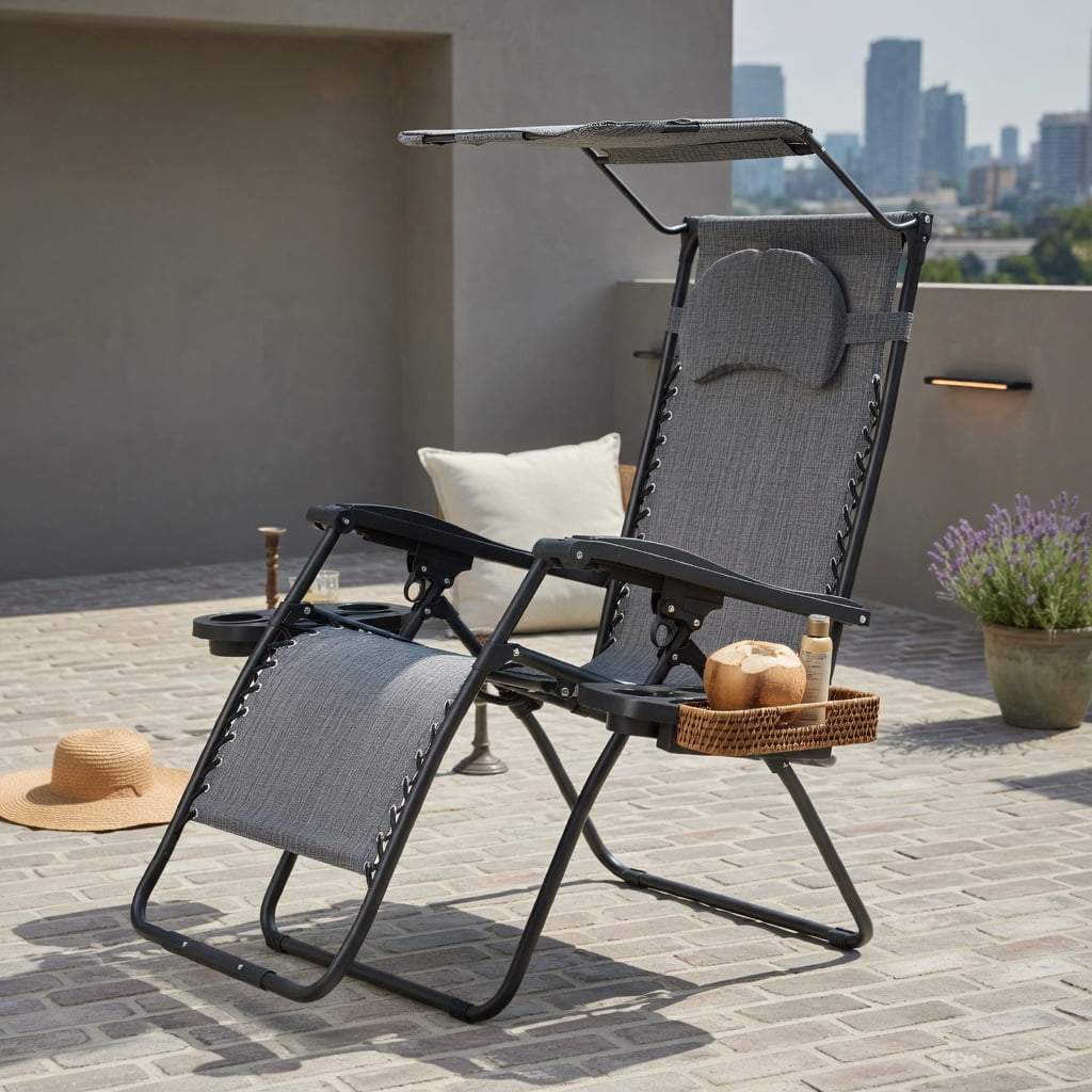 Hommoo Folding Reclining Lounge Chair with Adjustable UV-Protective Shade Canopy, Removable Cup Holder & Headrest, Gray