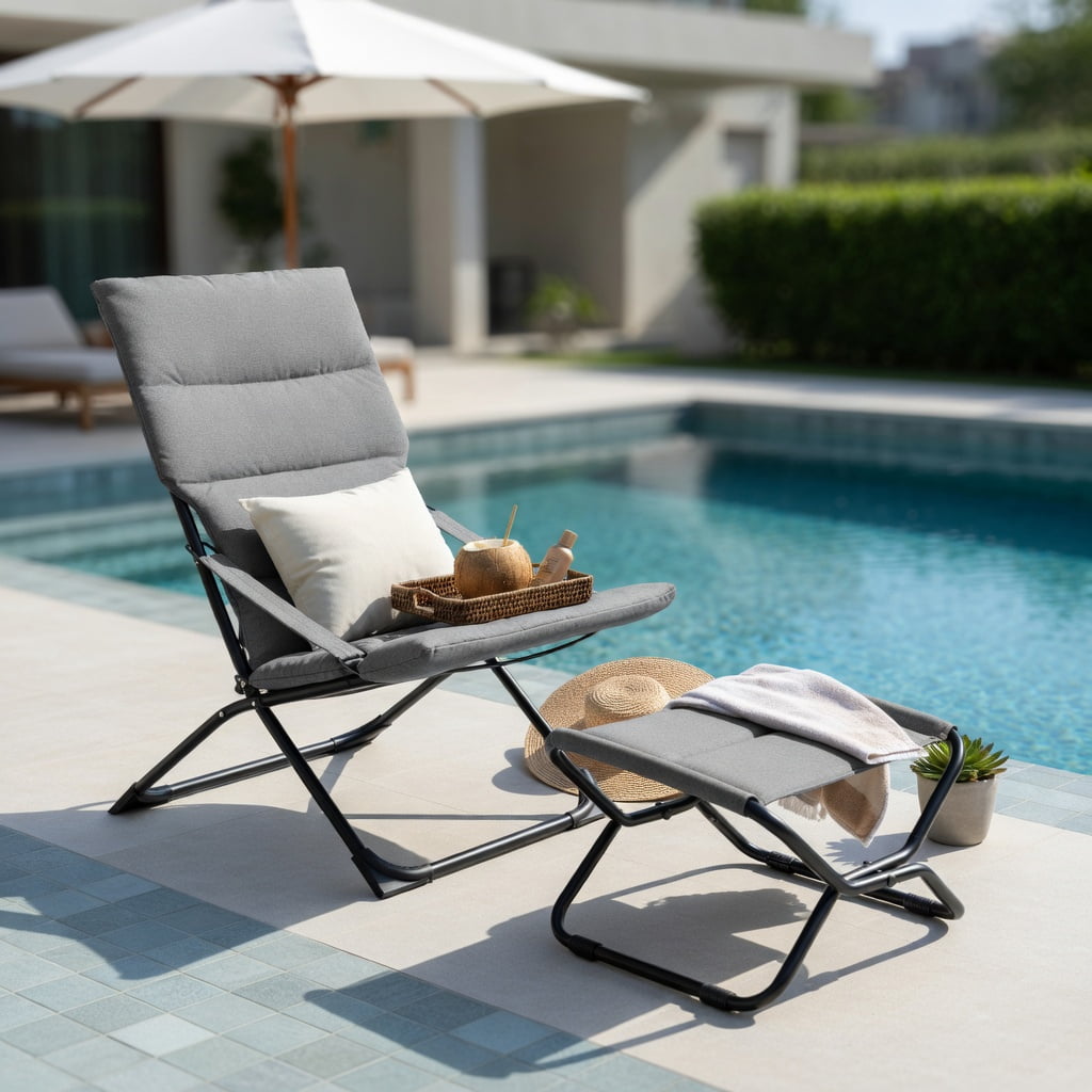 Hommoo Folding Sling Patio Chair with Ottoman Footrest & Removable Cushion, Weather-Resistant Outdoor Lounge Set for Backyard, Balcony, Poolside, Gray
