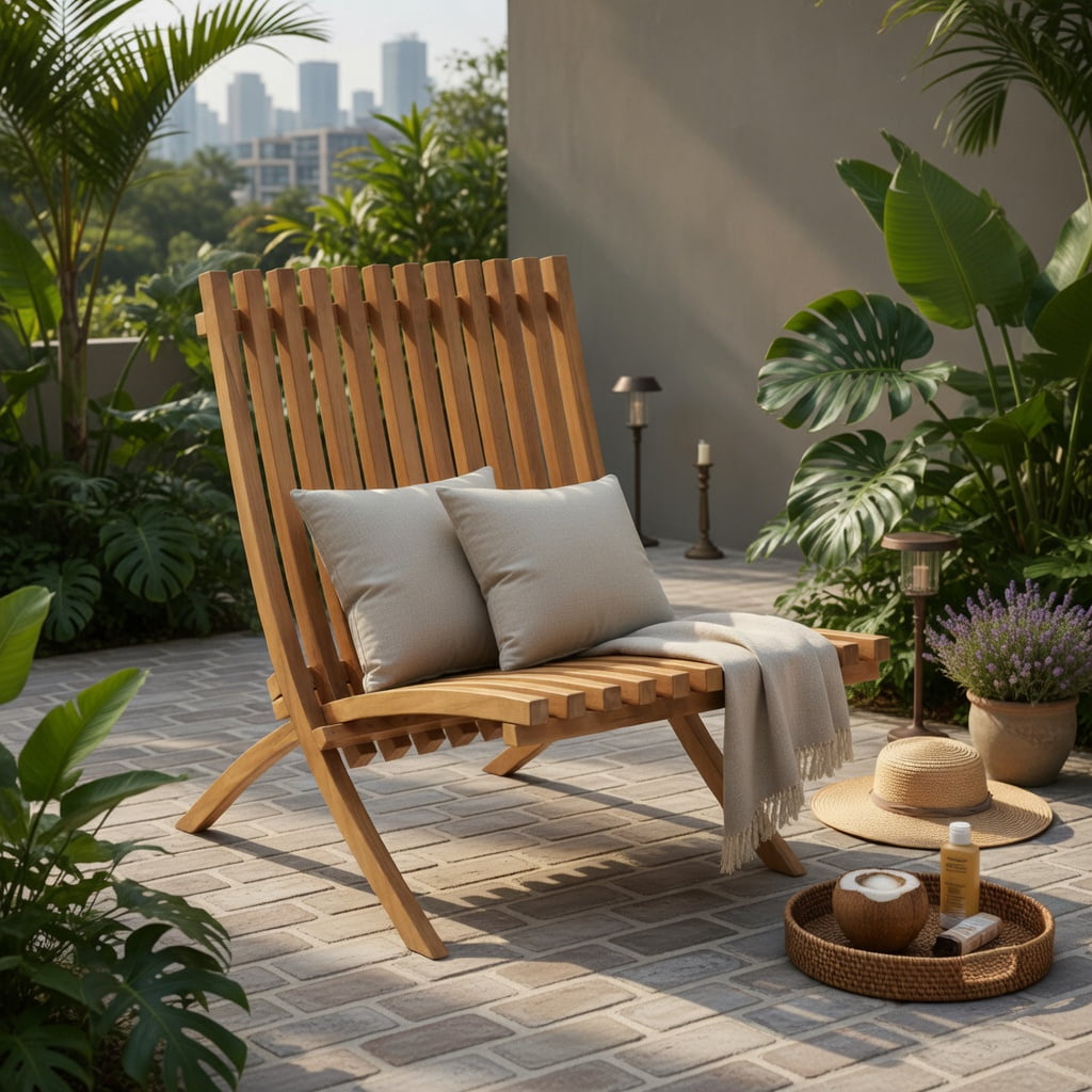 Hommoo Folding Teak Wood Outdoor Lounge Chair, Ergonomic Slatted Design, Compact Foldable for Patio, Backyard & Fire Pit Use, Natural