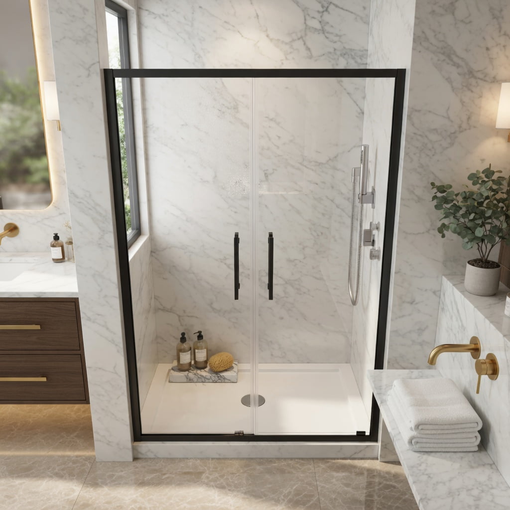 Hommoo Framed Bi-Fold Pivot Shower Door 28" x 72 " Aluminum Frame, 1/4" Tempered Glass, Reversible Left/Right Installation, Space-Saving Folding Shower Enclosure, Black & Transparent