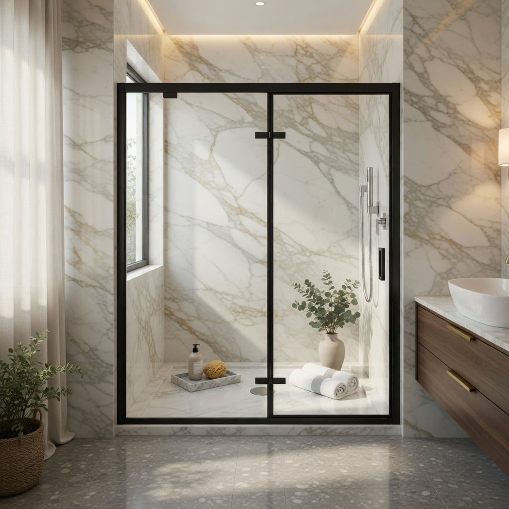 Hommoo Framed Bi-Fold Pivot Shower Door 32" x 72", Aluminum Frame, 1/4" Tempered Glass, Reversible Left/Right Installation, Space-Saving Folding Shower Enclosure, Black & Transparent