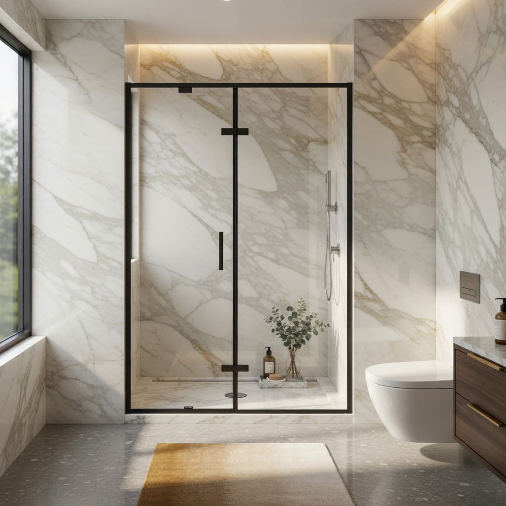 Hommoo Framed Bi-Fold Pivot Shower Door, Space-Saving Folding Enclosure with 6mm Tempered Glass, Stainless Steel Handle & Reversible Installation, Black & Transparent