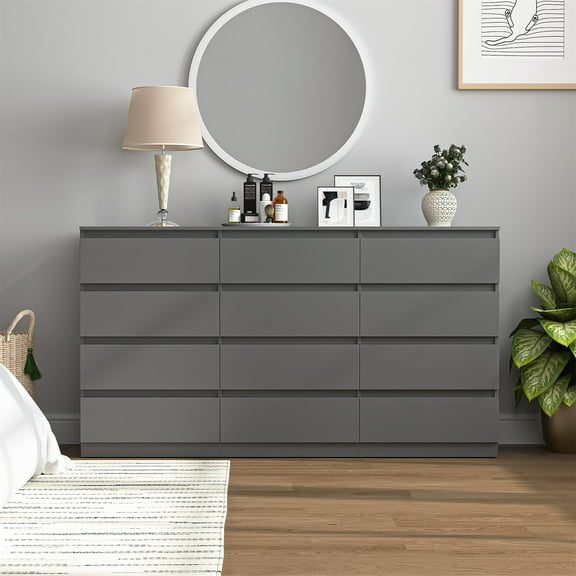 Hommoo Gray 12 Drawer Dresser, Wood Modern Storage Cabinet Dresser Organizer, Chest of Drawers for Living Room, Closet, Hallway, Nursery