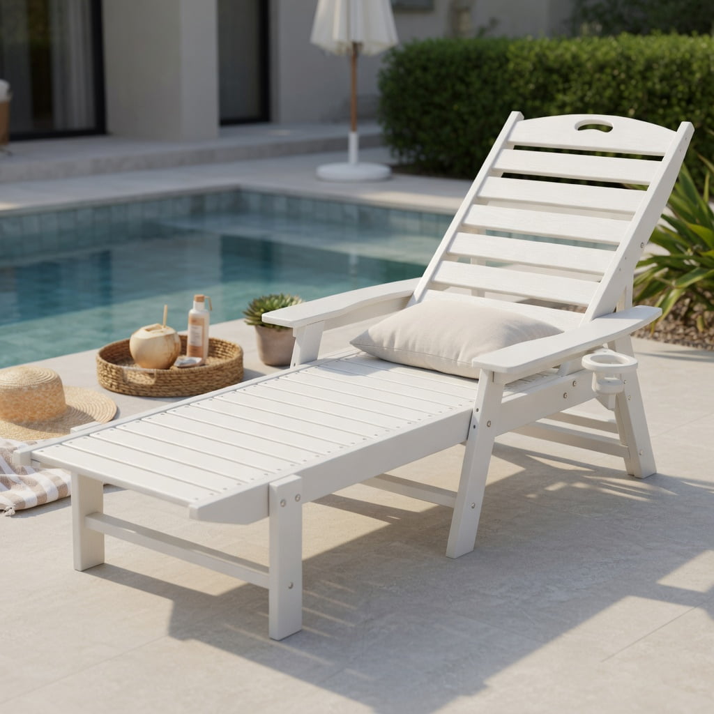 Hommoo HDPE Outdoor Chaise Lounge Chair with 4-Position Adjustable Backrest, Weather-Resistant Patio Lounger for Poolside, Backyard & Porch, White