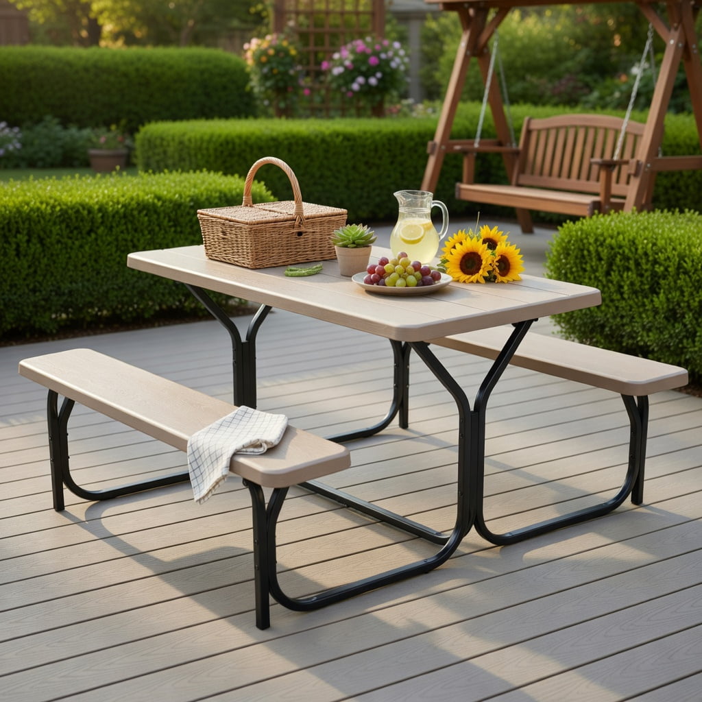 Hommoo HDPE Outdoor Picnic Table and Bench Set with Powder-Coated Steel Frame, Weather-Resistant, Easy-Assembly Backyard Dining Set, Coffee