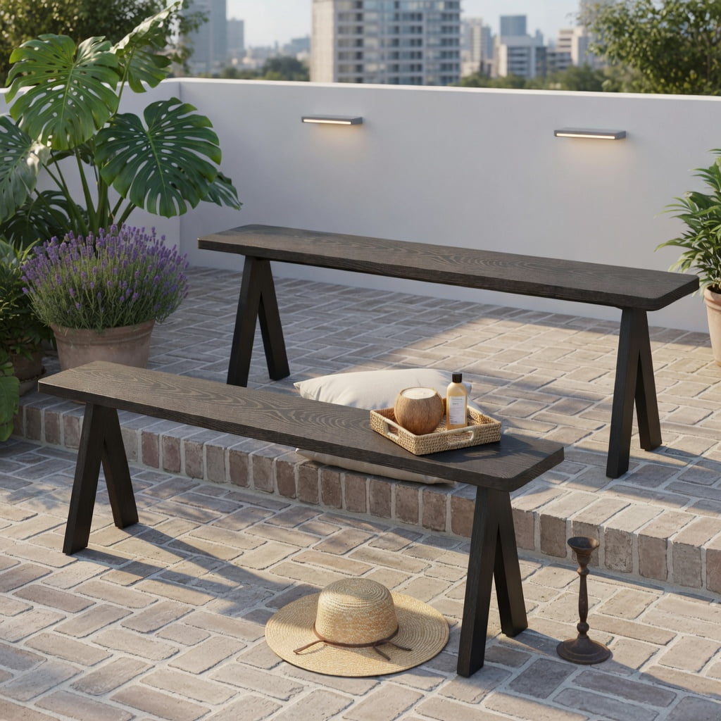 Hommoo Heavy-Duty 3-Person Outdoor Bench Set of 2, Rust-Resistant Galvanized Iron Benches, Patio Seating for Deck, Garden & Balcony, Dark Brown