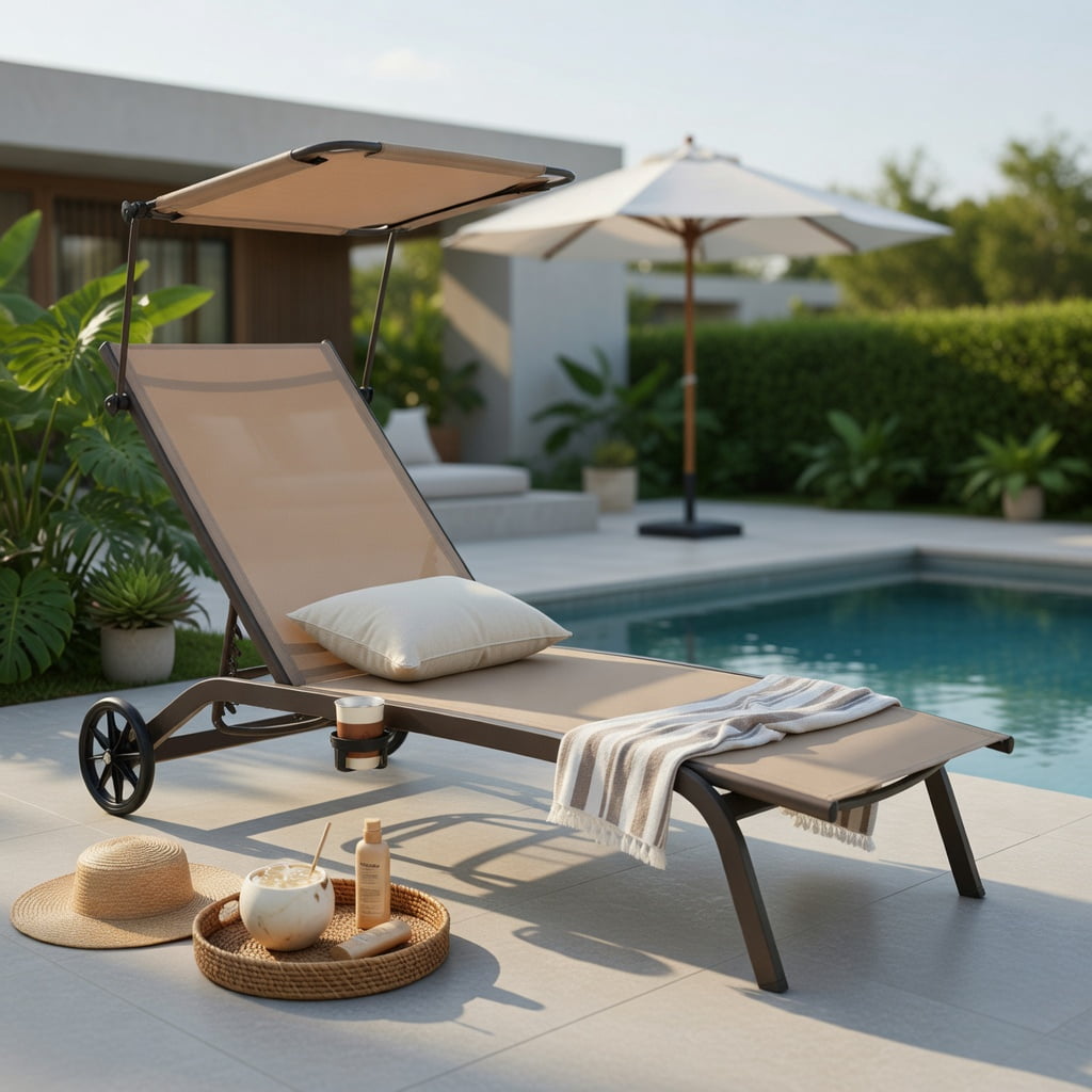 Hommoo Heavy-Duty Adjustable Chaise Lounge Chair with Rotating Sun Canopy, Built-in Cup Holder & Smooth-Rolling Wheels, Outdoor Recliner for Patio, Poolside & Balcony, Brown