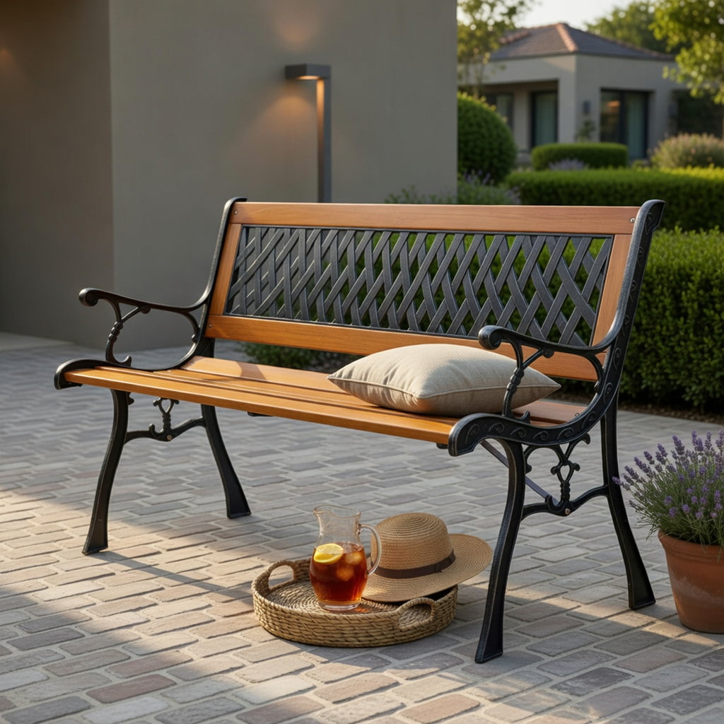 Hommoo Heavy-Duty Cast Iron Outdoor Patio Bench with Solid Wood Seat, Black + Natural