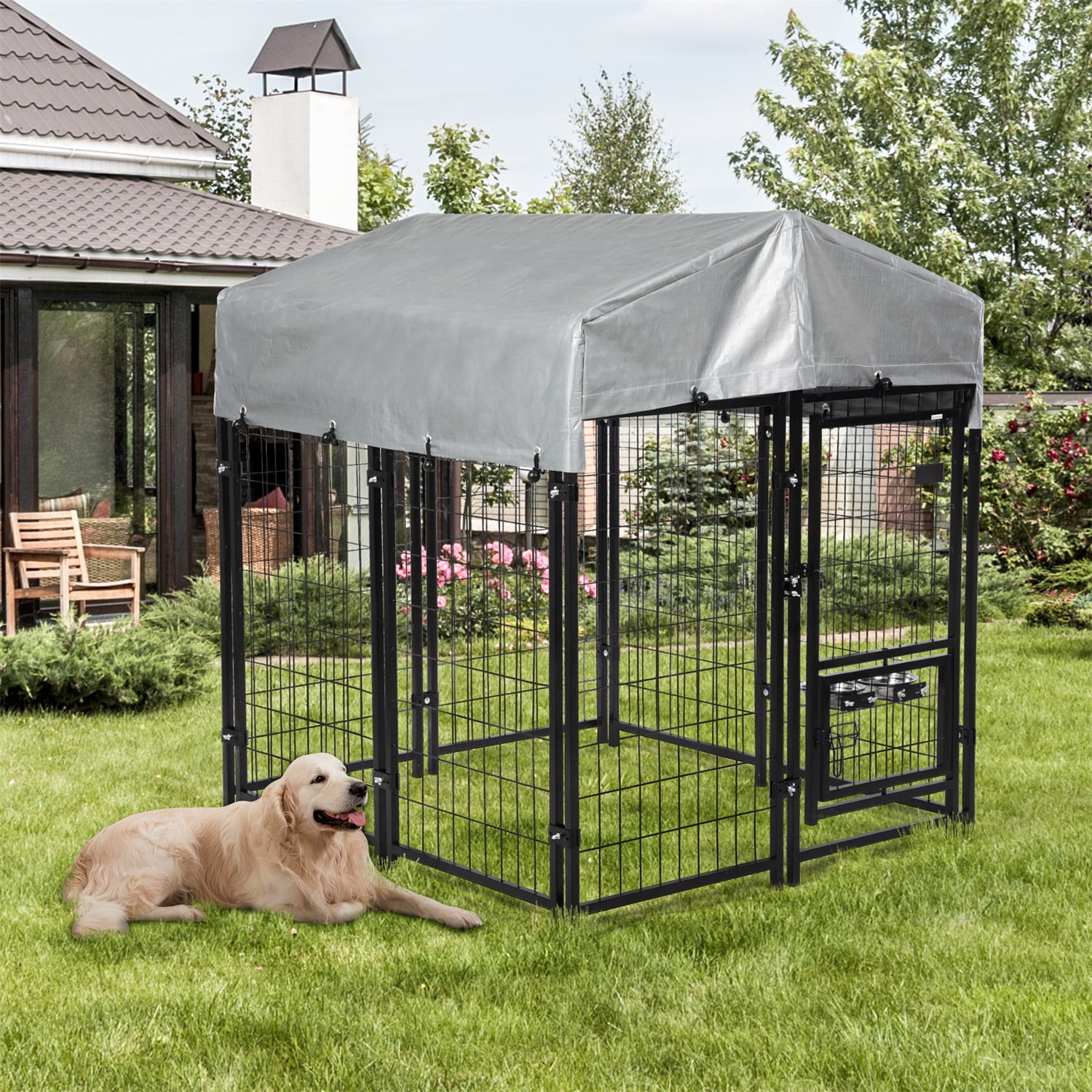 Hommoo Heavy Duty Dog House, Dog Pen with Roof, Reversible Feeding