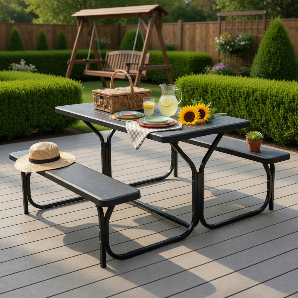 Hommoo Heavy-Duty HDPE Outdoor Picnic Table & Bench Set, Weather-Resistant, Stain-Proof, Black