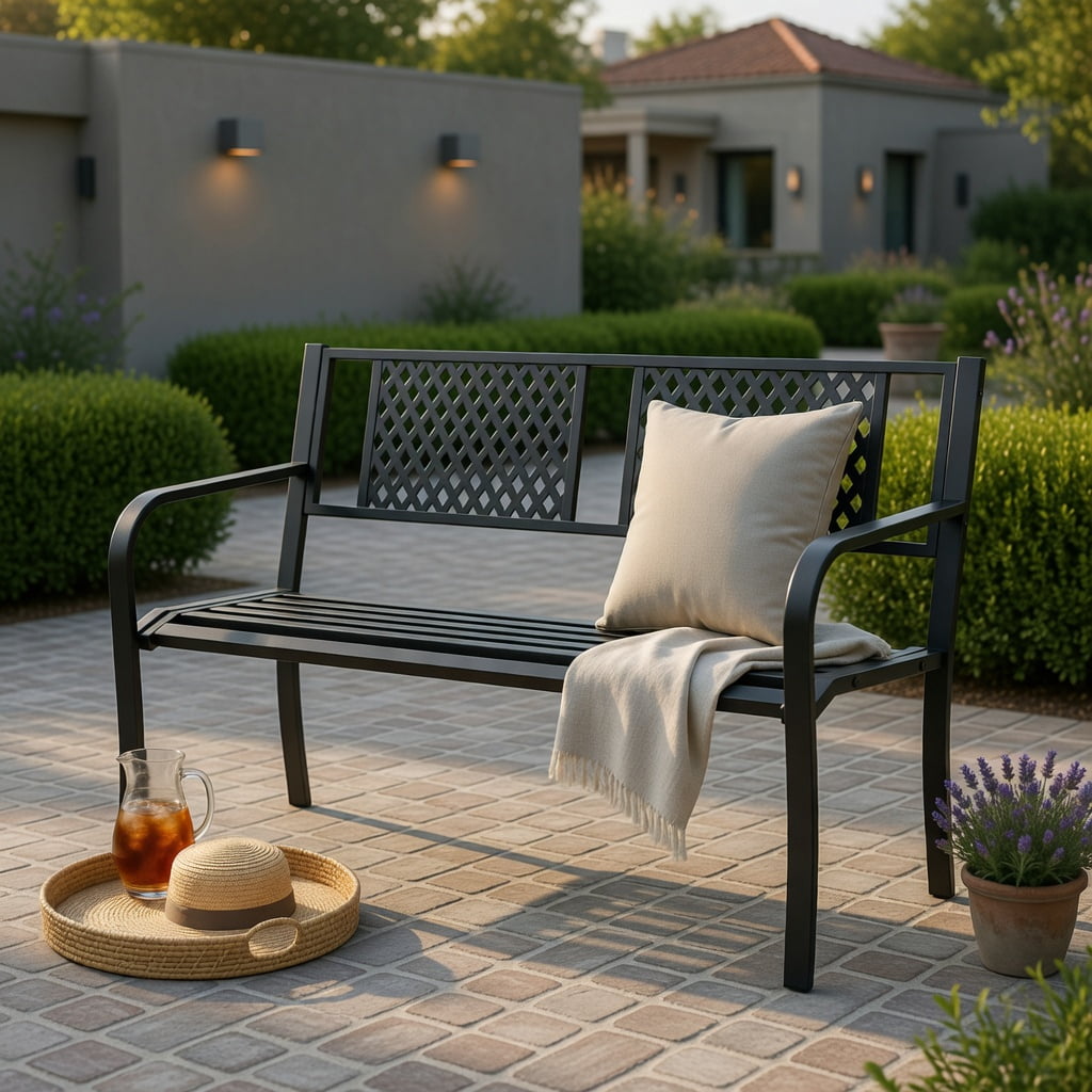 Hommoo Heavy-Duty Metal Outdoor Bench for Patio, Garden, Porch, 2-3 Person Loveseat with Ergonomic Backrest & Curved Armrests, Black