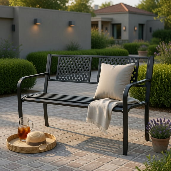 Hommoo Heavy-Duty Metal Outdoor Bench for Patio, Garden, Porch, 2-3 Person Loveseat with Ergonomic Backrest & Curved Armrests, Black