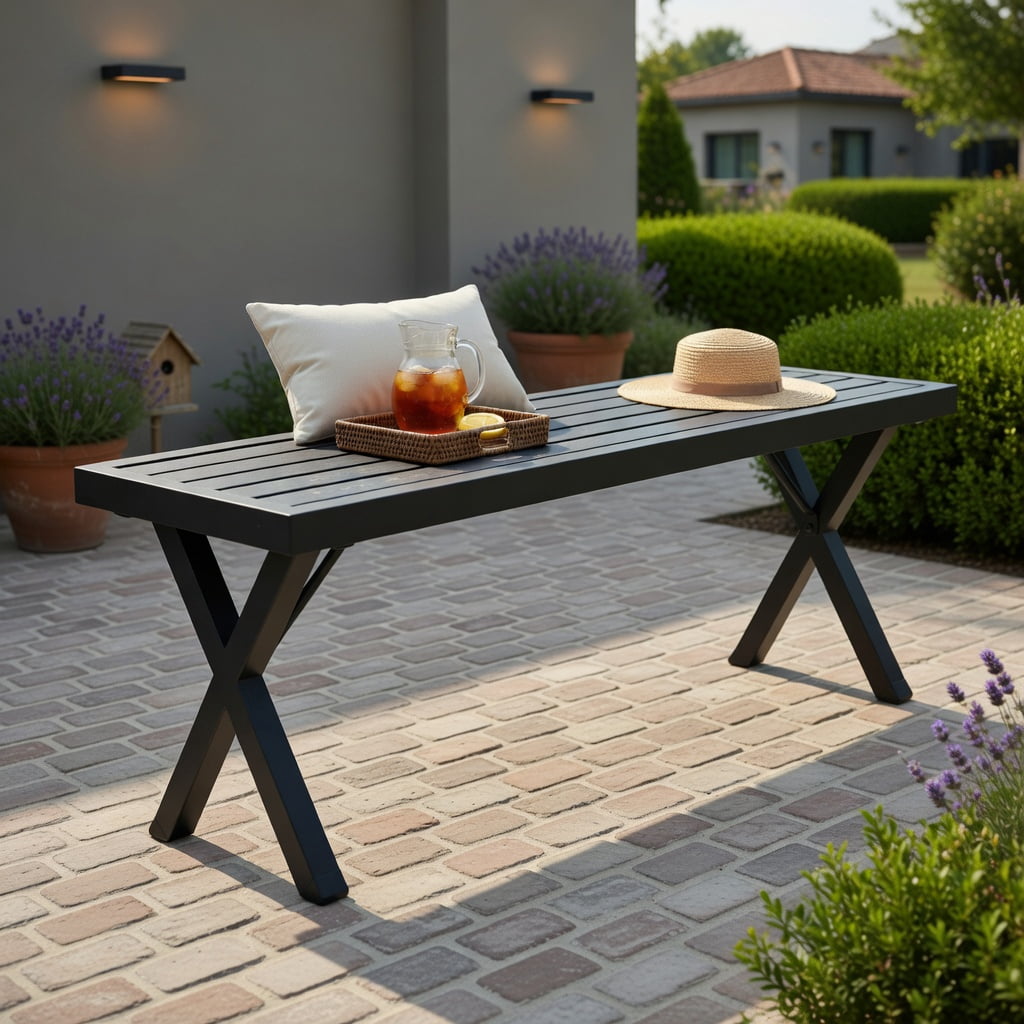 Hommoo Heavy-Duty Metal Patio Bench with Slatted Seat & X-Frame Design, 54" Outdoor Bench for Backyard, Garden, Entryway, Black
