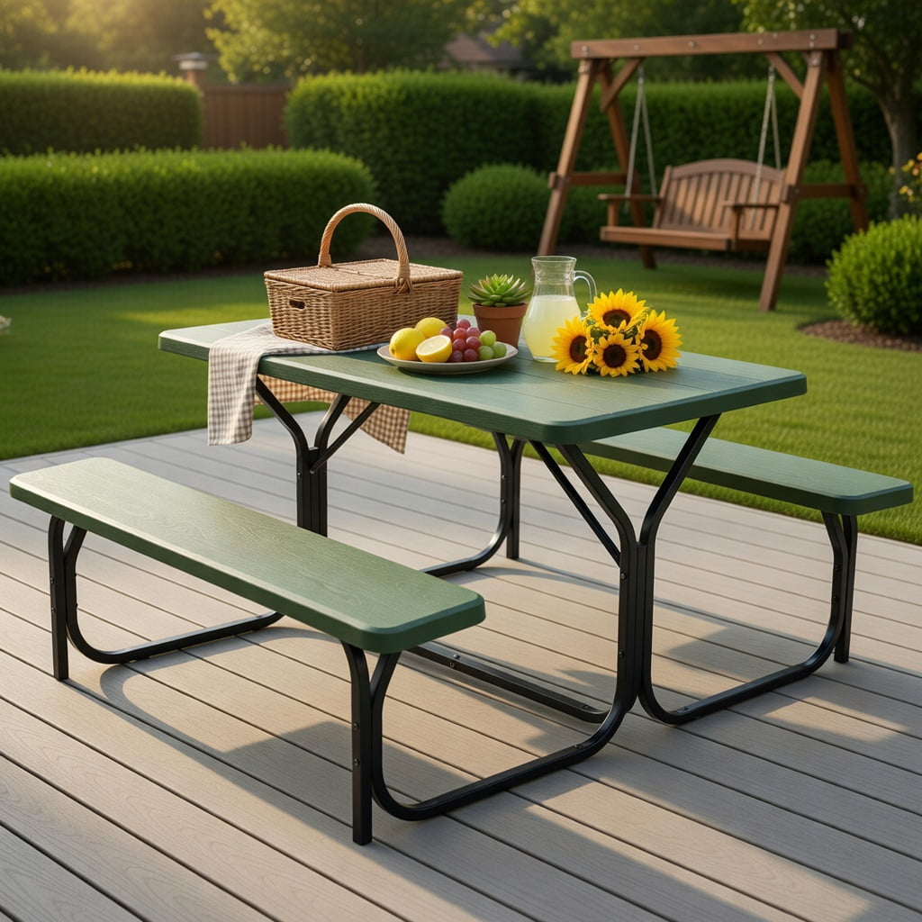 Hommoo Heavy-Duty Outdoor Picnic Table & Bench Set, HDPE Wood-Grain Finish, All-Weather Backyard Patio Furniture, Black