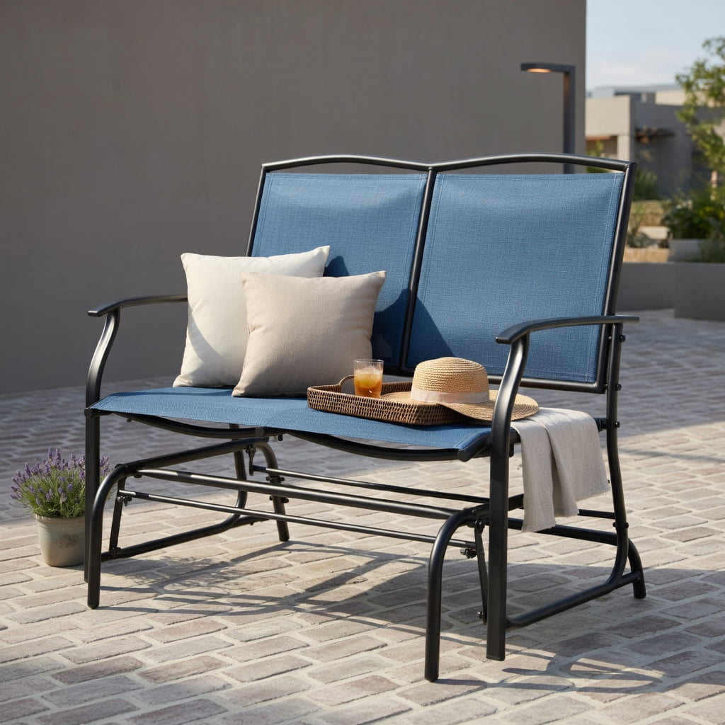 Hommoo Heavy-Duty Steel Outdoor Rocking Loveseat Chair, Textilene Patio Rocker for Backyard, Lawn, Deck or Indoor Living Space, Navy