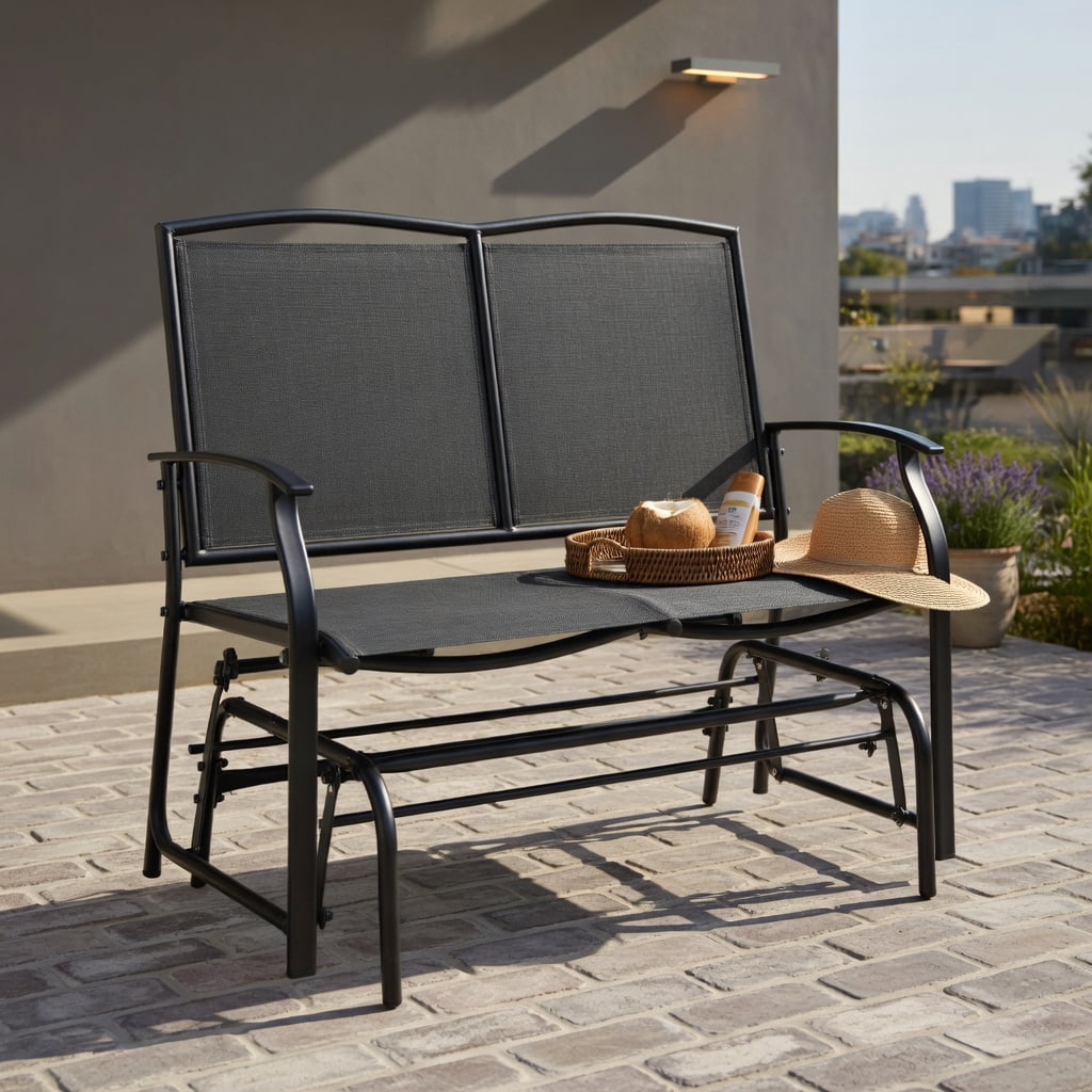 Hommoo Heavy-Duty Steel Outdoor Rocking Loveseat Chair, Textilene Patio Rocker for Backyard, Lawn, Deck or Indoor Use, Black