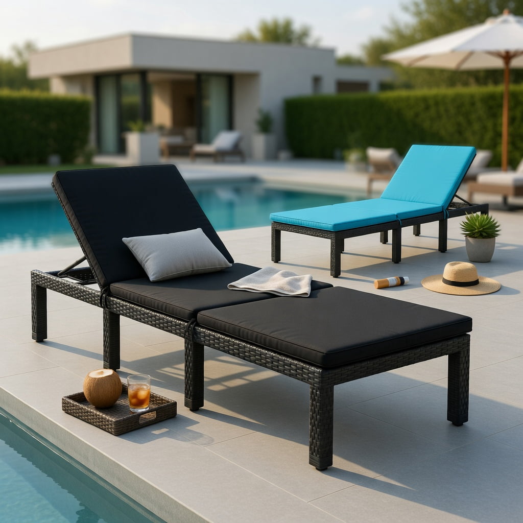 Hommoo Height-Adjustable Outdoor Rattan Lounge Chair with Dual Cushion Covers, PE Wicker Patio Recliner for Poolside, Garden & Porch, Black & Turquoise