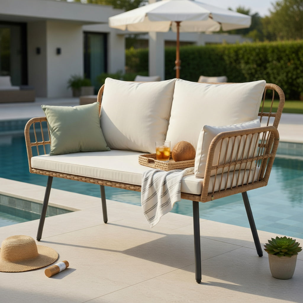 Hommoo Hommoo 2-Person Outdoor PE Rattan Loveseat with Removable Cushions, Heavy-Duty Metal Frame, Ergonomic Backrest, Off-White