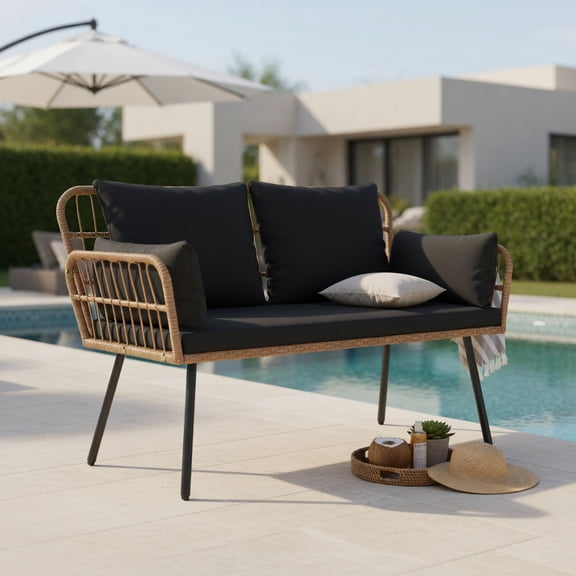 Hommoo Hommoo 2-Seat Outdoor Wicker Loveseat with Cushions, Heavy-Duty Steel Frame, PE Rattan Patio Chair for Backyard, Deck or Balcony, Black